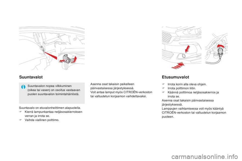 CITROEN DS5 HYBRID 2015 Omistajan Käsikirjat (in Finnish) DS5_fi_Chap08_info-pratiques_ed01-2015
etusumuvalot
F Irrota korin alla oleva ohjain.
F I rrota polttimon liitin.
F
K
äännä polttimoa neljäsosakierros ja
irrota se.
Asenna osat takaisin päin CITROEN DS5 HYBRID 2015 Omistajan Käsikirjat (in Finnish) DS5_fi_Chap08_info-pratiques_ed01-2015
etusumuvalot
F Irrota korin alla oleva ohjain.
F I rrota polttimon liitin.
F
K
äännä polttimoa neljäsosakierros ja
irrota se.
Asenna osat takaisin päin