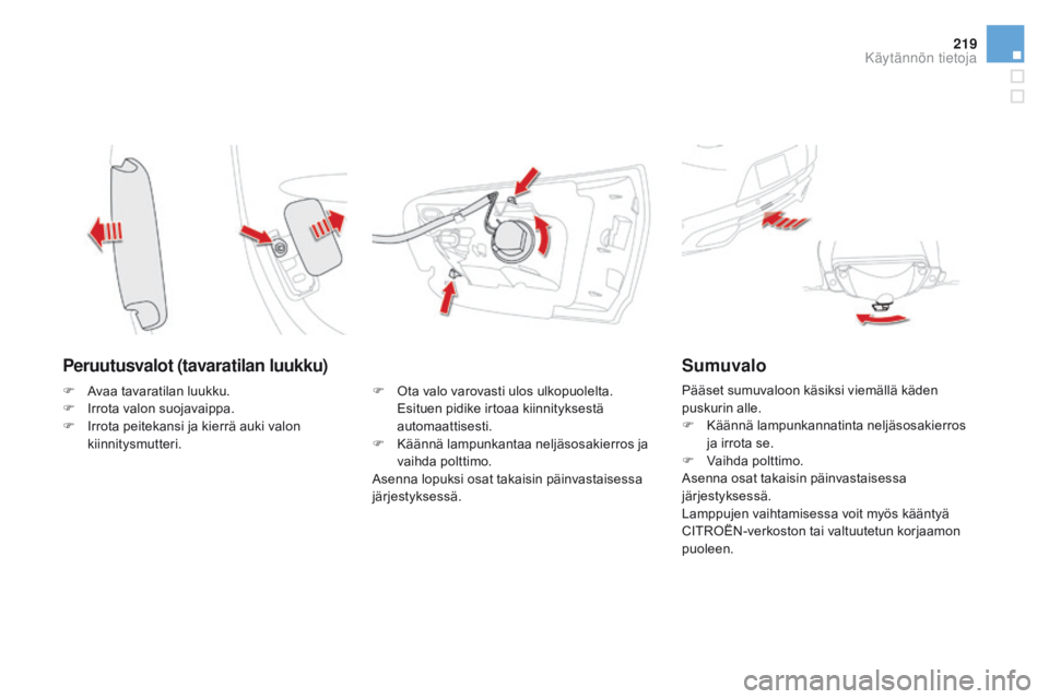 CITROEN DS5 HYBRID 2015 Omistajan Käsikirjat (in Finnish) 219
DS5_fi_Chap08_info-pratiques_ed01-2015
peruutusvalot (tavaratilan luukku)
F Ota valo varovasti ulos ulkopuolelta. Esituen pidike irtoaa kiinnityksestä
automaattisesti.
F
K
äännä lampunkant CITROEN DS5 HYBRID 2015 Omistajan Käsikirjat (in Finnish) 219
DS5_fi_Chap08_info-pratiques_ed01-2015
peruutusvalot (tavaratilan luukku)
F Ota valo varovasti ulos ulkopuolelta. Esituen pidike irtoaa kiinnityksestä
automaattisesti.
F
K
äännä lampunkant