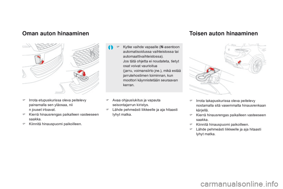 CITROEN DS5 HYBRID 2015 Omistajan Käsikirjat (in Finnish) DS5_fi_Chap08_info-pratiques_ed01-2015
Oman auton hinaaminenToisen auton hinaaminen
F Irrota etupuskurissa oleva peitelevy
painamalla sen yläosaa, nii
n jouset irtoavat.
F CITROEN DS5 HYBRID 2015 Omistajan Käsikirjat (in Finnish) DS5_fi_Chap08_info-pratiques_ed01-2015
Oman auton hinaaminenToisen auton hinaaminen
F Irrota etupuskurissa oleva peitelevy
painamalla sen yläosaa, nii
n jouset irtoavat.
F