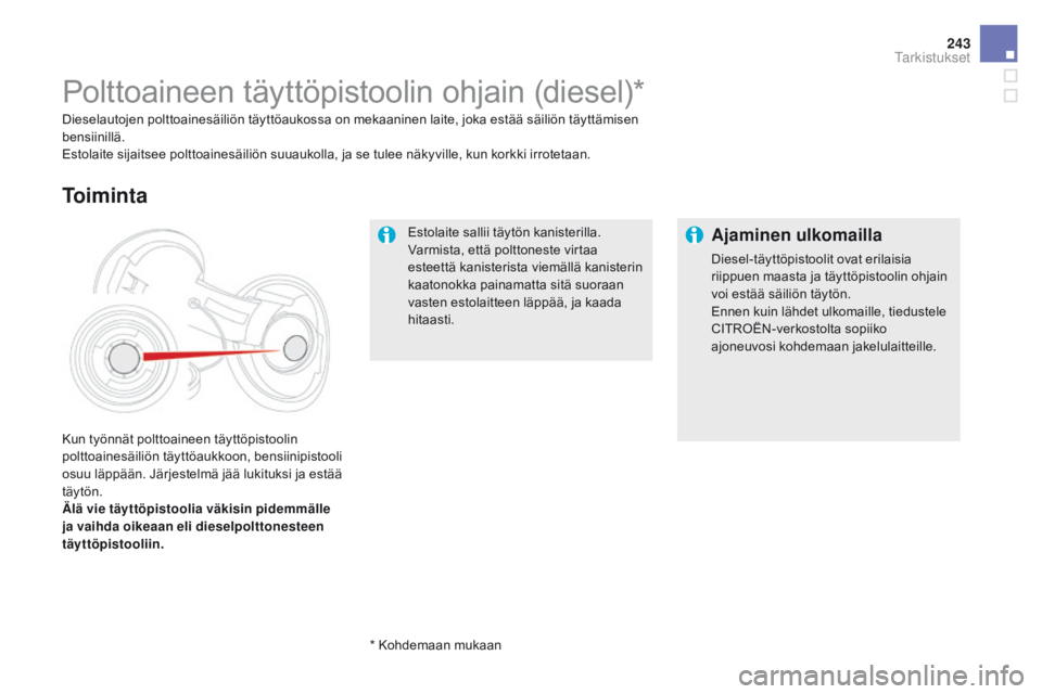 CITROEN DS5 HYBRID 2015 Omistajan Käsikirjat (in Finnish) 243
DS5_fi_Chap09_verifications_ed01-2015
Estolaite sallii täytön kanisterilla.
Varmista, että polttoneste virtaa
esteettä kanisterista viemällä kanisterin
kaatonokka painamatta sitä suoraan CITROEN DS5 HYBRID 2015 Omistajan Käsikirjat (in Finnish) 243
DS5_fi_Chap09_verifications_ed01-2015
Estolaite sallii täytön kanisterilla.
Varmista, että polttoneste virtaa
esteettä kanisterista viemällä kanisterin
kaatonokka painamatta sitä suoraan