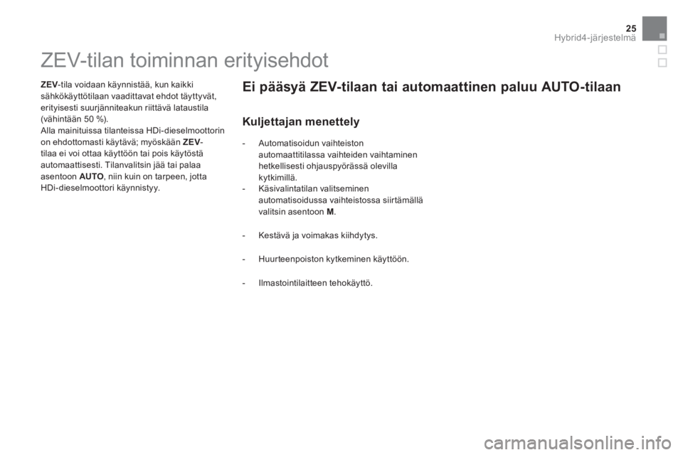 CITROEN DS5 HYBRID 2015 Omistajan Käsikirjat (in Finnish) 25Hybrid4-järjestelmä
ZEV-tilan toiminnan erityisehdot
ZEV
-tila voidaan käynnistää, kun kaikki
sähkökäyttötilaan vaa CITROEN DS5 HYBRID 2015 Omistajan Käsikirjat (in Finnish) 25Hybrid4-järjestelmä
ZEV-tilan toiminnan erityisehdot
ZEV
-tila voidaan käynnistää, kun kaikki
sähkökäyttötilaan vaa