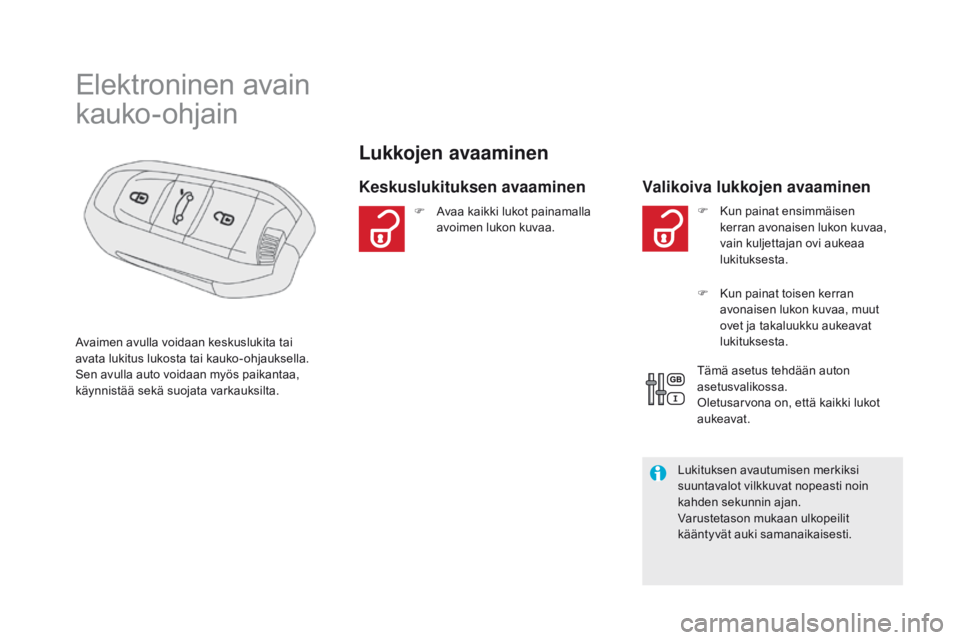 CITROEN DS5 HYBRID 2015 Omistajan Käsikirjat (in Finnish) DS5_fi_Chap02_ouvertures_ed01-2015
Elektroninen avain
kauko-ohjain
Lukkojen avaaminen
Keskuslukituksen avaaminen Valikoiva lukkojen avaaminen
Avaimen avulla voidaan keskuslukita tai
avata lukitus luk CITROEN DS5 HYBRID 2015 Omistajan Käsikirjat (in Finnish) DS5_fi_Chap02_ouvertures_ed01-2015
Elektroninen avain
kauko-ohjain
Lukkojen avaaminen
Keskuslukituksen avaaminen Valikoiva lukkojen avaaminen
Avaimen avulla voidaan keskuslukita tai
avata lukitus luk