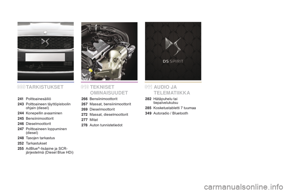 CITROEN DS5 HYBRID 2015  Omistajan Käsikirjat (in Finnish) 0090100 11
DS5_fi_Chap00a_sommaire_ed01-2015
TARKISTuKS eTTe KNISe T 
OMINAIS
u
 ude
TA
u
dI O  JA  
T
eLeM
 AT I I K K A
241 Polttoainesäiliö
243
 P

olttoaineen täyttöpistoolin 
ohjain (diesel)
