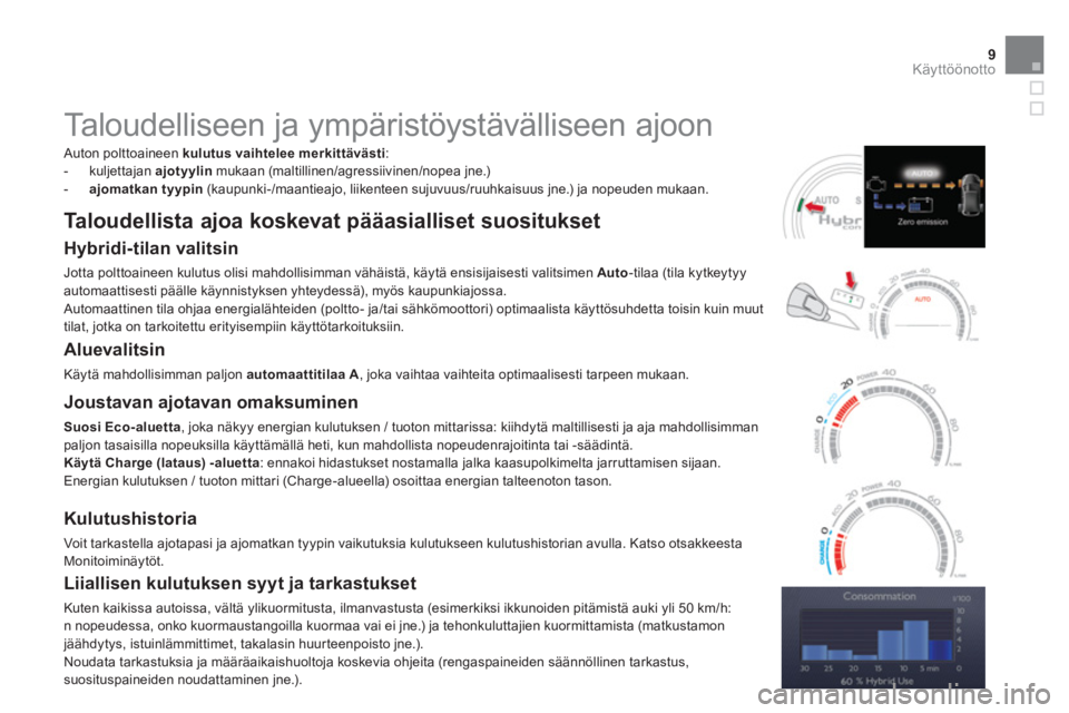 CITROEN DS5 HYBRID 2013 Omistajan Käsikirjat (in Finnish) 9Käyttöönotto
Taloudelliseen ja ympäristöystävälliseen ajoon
Auton polttoaineen kulutusvaihtelee merkittävästi
:
- kuljettajan ajotyylin
mukaan (maltillinen/agress CITROEN DS5 HYBRID 2013 Omistajan Käsikirjat (in Finnish) 9Käyttöönotto
Taloudelliseen ja ympäristöystävälliseen ajoon
Auton polttoaineen kulutusvaihtelee merkittävästi
:
- kuljettajan ajotyylin
mukaan (maltillinen/agress