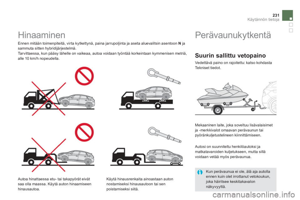 CITROEN DS5 HYBRID 2013  Omistajan Käsikirjat (in Finnish) 231Käytännön tietoja
   
 
 
 
 
 
 
Perävaunukytkentä  
 
 
Mekaaninen laite, joka soveltuu lisävalaisimet ja -merkkivalot omaavan perävaunun tai 
p
yöränkuljetustelineen kiinnittämiseen.  