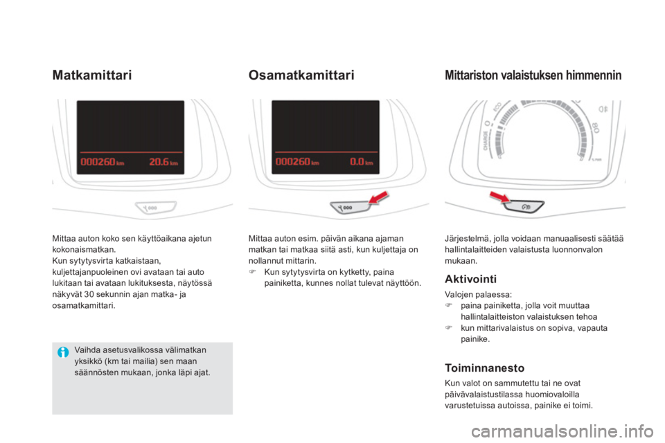 CITROEN DS5 HYBRID 2013  Omistajan Käsikirjat (in Finnish)   Järjestelmä, jolla voidaan manuaalisesti säätää 
hallintalaitteiden valaistusta luonnonvalon 
mukaan. 
   
 
 
 
 
 
 
 
 
Mittariston valaistuksen himmennin 
 
 
Aktivointi 
 
Valojen palaess