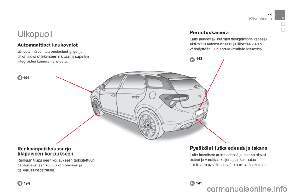 CITROEN DS5 HYBRID 2012  Omistajan Käsikirjat (in Finnish) Käyttöönotto
   
Automaattiset kaukovalot 
 
Järjestelmä vaihtaa puolestasi lyhyet japitkät ajovalot liikenteen mukaan sisäpeiliin 
integroidun kameran ansiosta.
15
1
   
Pysäköintitutka edes