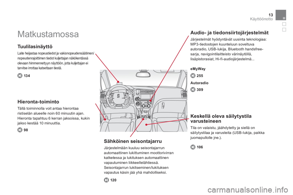 CITROEN DS5 HYBRID 2012  Omistajan Käsikirjat (in Finnish) 13Käyttöönotto
  Matkustamossa  
 
 
Tuulilasinäyttö 
 
Laite heijastaa nopeustiedot ja vakionopeudensäätimen/
nopeudenrajoittimen tiedot kuljettajan näkökentässä 
olevaan himmennettyyn nä