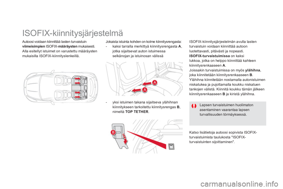 CITROEN DS5 HYBRID 2012  Omistajan Käsikirjat (in Finnish)  Autoosi voidaan kiinnittää lasten turvaistuin 
viimeisimpienISOFIX- määräystenmukaisesti.
 Alla esitellyt istuimet on varustettu määräystenmukaisilla ISOFIX-kiinnityslenkeillä. 
   
 
 
 
 
