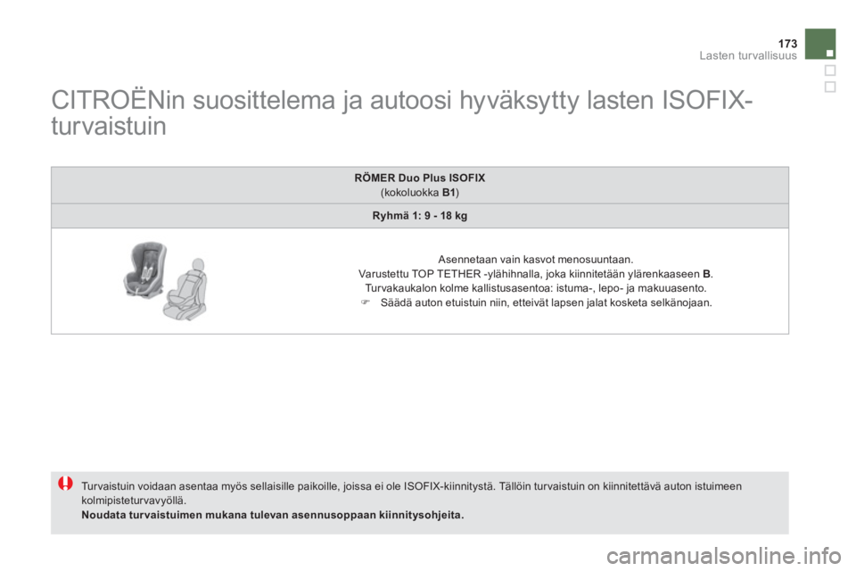 CITROEN DS5 HYBRID 2012  Omistajan Käsikirjat (in Finnish) 173Lasten turvallisuus
   
 
 
 
 
 
 
 
 
 
 
CITROËNin suosittelema ja autoosi hyväksytty lasten ISOFIX-
turvaistuin 
  Tur vaistuin voidaan asentaa myös sellaisille paikoille, joissa ei ole ISOF