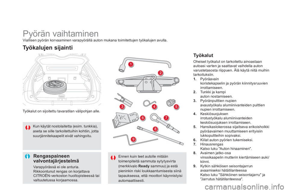 CITROEN DS5 HYBRID 2012  Omistajan Käsikirjat (in Finnish)    
 
 
 
 
 
 
 
 
 
 
 
 
 
Pyörän vaihtaminen Viallisen pyörän korvaaminen varapyörällä auton mukana toimitettujen työkalujen avulla. 
Ty
ökalut on sijoitettu tavaratilan välipohjan alle.