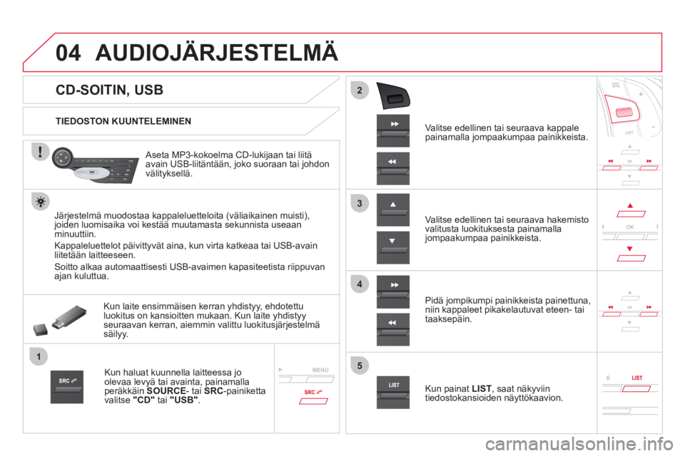 CITROEN DS5 HYBRID 2012  Omistajan Käsikirjat (in Finnish) 04
1
3
2
4
5
   
 
 
 
 
 
 
 
 
 
 
 
CD-SOITIN, USB 
AUDIOJÄRJESTELMÄ 
 
 
TIEDOSTON KUUNTELEMINEN  
   
Aseta MP3-kokoelma CD-lukijaan tai liitä 
avain USB-liitäntään, joko suoraan tai johdon