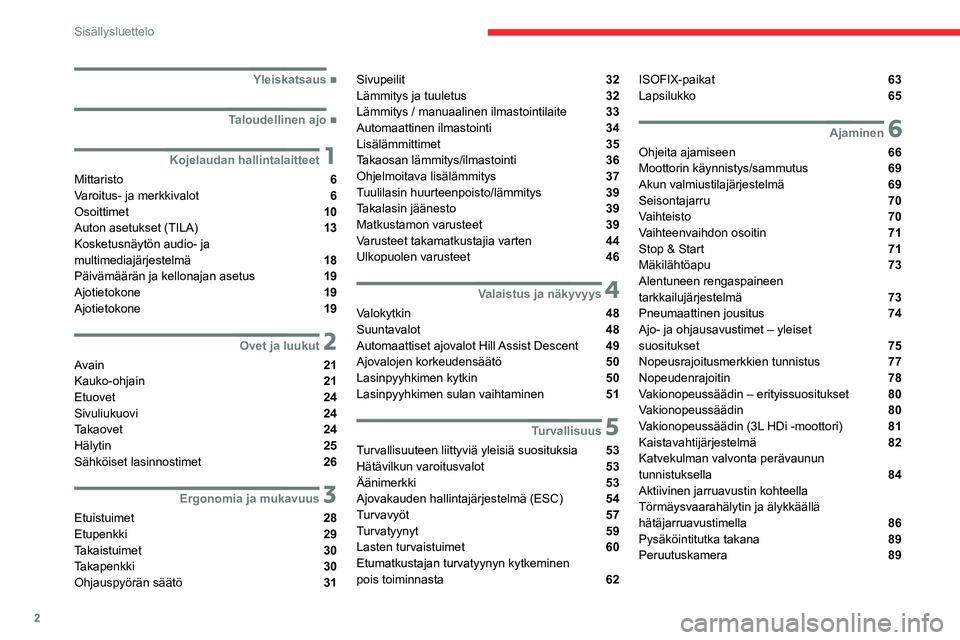 CITROEN JUMPER 2020  Omistajan Käsikirjat (in Finnish) 2
Sisällysluettelo
 
 
 
 
 
   ■
Yleiskatsaus
  ■
Taloudellinen ajo
 1Kojelaudan hallintalaitteet
Mittaristo  6
Varoitus- ja merkkivalot  6
Osoittimet  10
Auton asetukset (TILA) 
 13
Kosketu