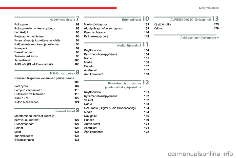 CITROEN JUMPER 2020 Omistajan Käsikirjat (in Finnish) 3
Sisällysluettelo
7Hyödyllisiä tietoja
Polttoaine 92
Polttoaineiden yhteensopivuus 93
Lumiketjut 93
Perävaunun vetäminen 94
Ilman työkaluja irrotettava vetolaite 94
Kattoasenteinen kantoj CITROEN JUMPER 2020 Omistajan Käsikirjat (in Finnish) 3
Sisällysluettelo
7Hyödyllisiä tietoja
Polttoaine 92
Polttoaineiden yhteensopivuus 93
Lumiketjut 93
Perävaunun vetäminen 94
Ilman työkaluja irrotettava vetolaite 94
Kattoasenteinen kantoj
