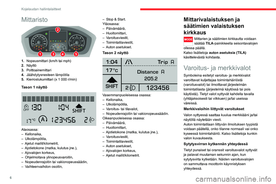 CITROEN JUMPER 2020  Omistajan Käsikirjat (in Finnish) 6
Kojelaudan hallintalaitteet
Mittaristo 
 
1.Nopeusmittari (km/h tai mph)
2. Näyttö
3. Polttoainemittari
4. Jäähdytysnesteen lämpötila
5. Kierroslukumittari (x 1 000 r/min)
Tason 1 näyttö 
 
