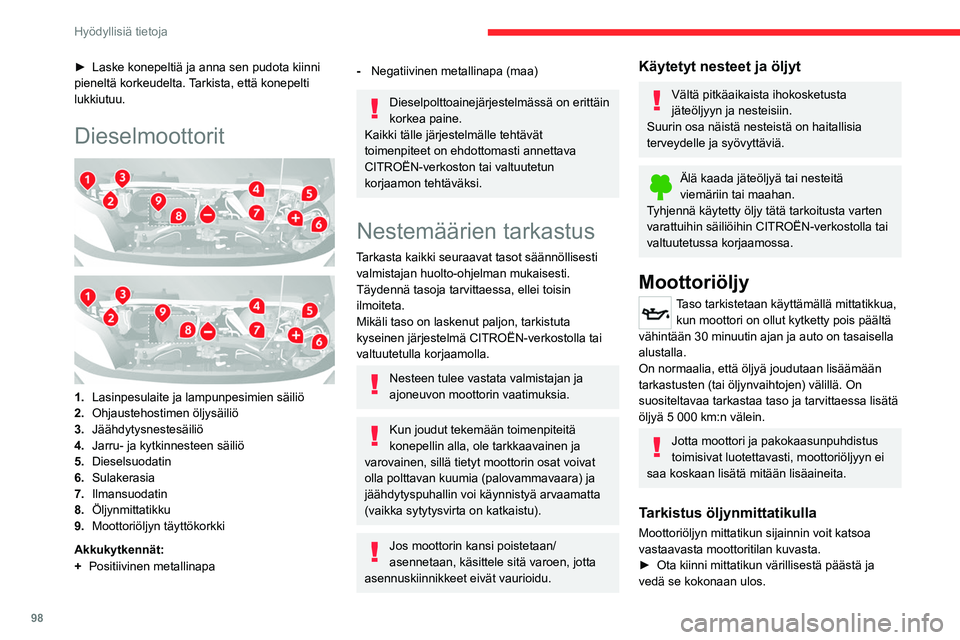 CITROEN JUMPER 2020 Omistajan Käsikirjat (in Finnish) 98
Hyödyllisiä tietoja
► Laske konepeltiä ja anna sen pudota kiinni
pieneltä korkeudelta. Tarkista, että konepelti
lukkiutuu.
Dieselmoottorit
1. Lasinpesulaite ja lamp CITROEN JUMPER 2020 Omistajan Käsikirjat (in Finnish) 98
Hyödyllisiä tietoja
► Laske konepeltiä ja anna sen pudota kiinni
pieneltä korkeudelta. Tarkista, että konepelti
lukkiutuu.
Dieselmoottorit
1. Lasinpesulaite ja lamp