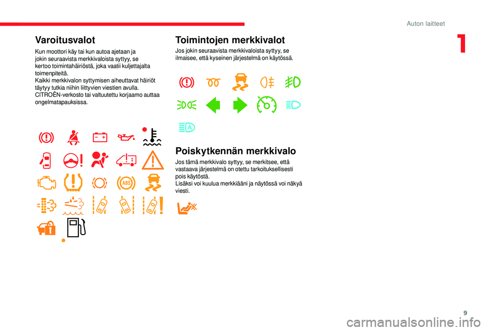 CITROEN JUMPER 2019  Omistajan Käsikirjat (in Finnish) 9
Varoitusvalot
Kun moottori käy tai kun autoa ajetaan ja 
jokin seuraavista merkkivaloista syttyy, se 
kertoo toimintahäiriöstä, joka vaatii kuljettajalta 
toimenpiteitä.
Kaikki merkkivalon sytt