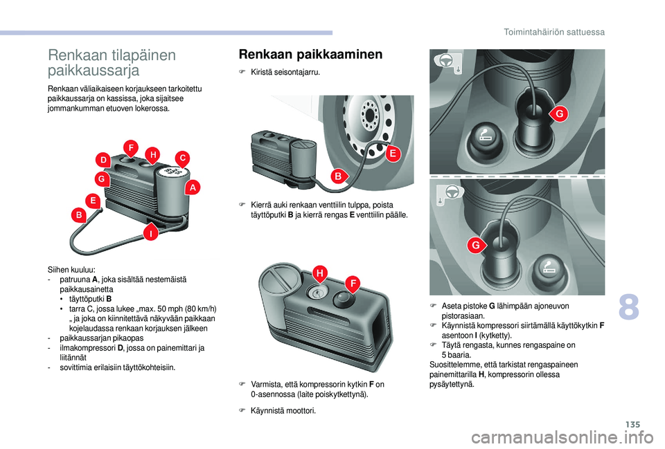 CITROEN JUMPER 2019  Omistajan Käsikirjat (in Finnish) 135
Renkaan tilapäinen 
paikkaussarja
Renkaan väliaikaiseen korjaukseen tarkoitettu 
paikkaussarja on kassissa, joka sijaitsee 
jommankumman etuoven lokerossa.
Siihen kuuluu:
-  patruuna  A, joka si