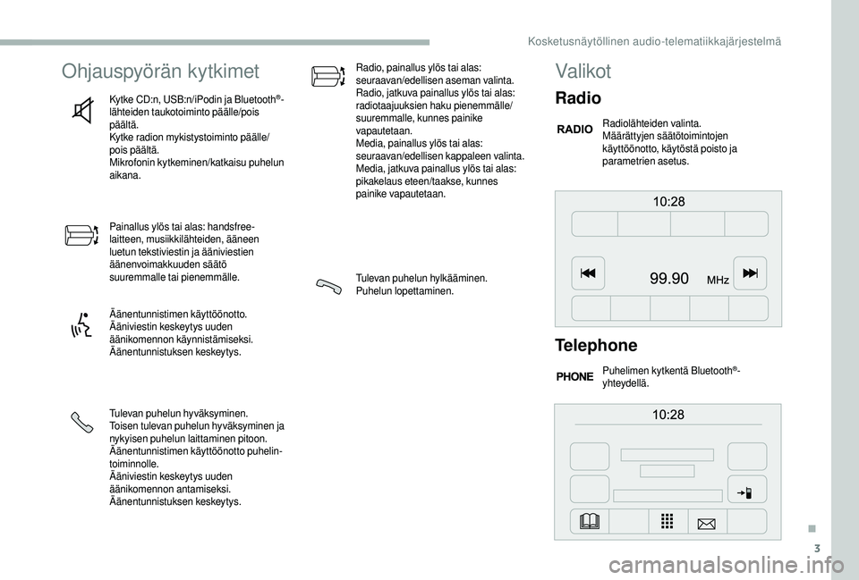 CITROEN JUMPER 2019 Omistajan Käsikirjat (in Finnish) 3
Ohjauspyörän kytkimet
Kytke CD:n, USB:n/iPodin ja Bluetooth®-
lähteiden taukotoiminto päälle/pois
päältä.
Kytke radion mykistystoiminto päälle/
pois päältä.
Mikrofonin kytkeminen/katk CITROEN JUMPER 2019 Omistajan Käsikirjat (in Finnish) 3
Ohjauspyörän kytkimet
Kytke CD:n, USB:n/iPodin ja Bluetooth®-
lähteiden taukotoiminto päälle/pois
päältä.
Kytke radion mykistystoiminto päälle/
pois päältä.
Mikrofonin kytkeminen/katk