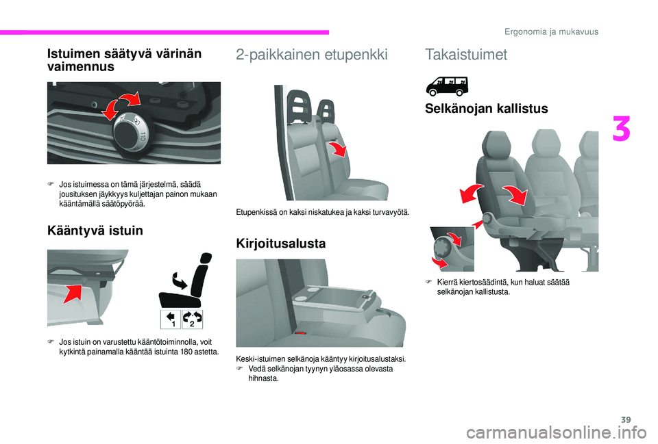CITROEN JUMPER 2019  Omistajan Käsikirjat (in Finnish) 39
Istuimen säätyvä värinän 
vaimennus
Kääntyvä istuin2-paikkainen etupenkki
Kirjoitusalusta
F Jos istuimessa on tämä järjestelmä, säädä  jousituksen jäykkyys kuljettajan painon mukaan