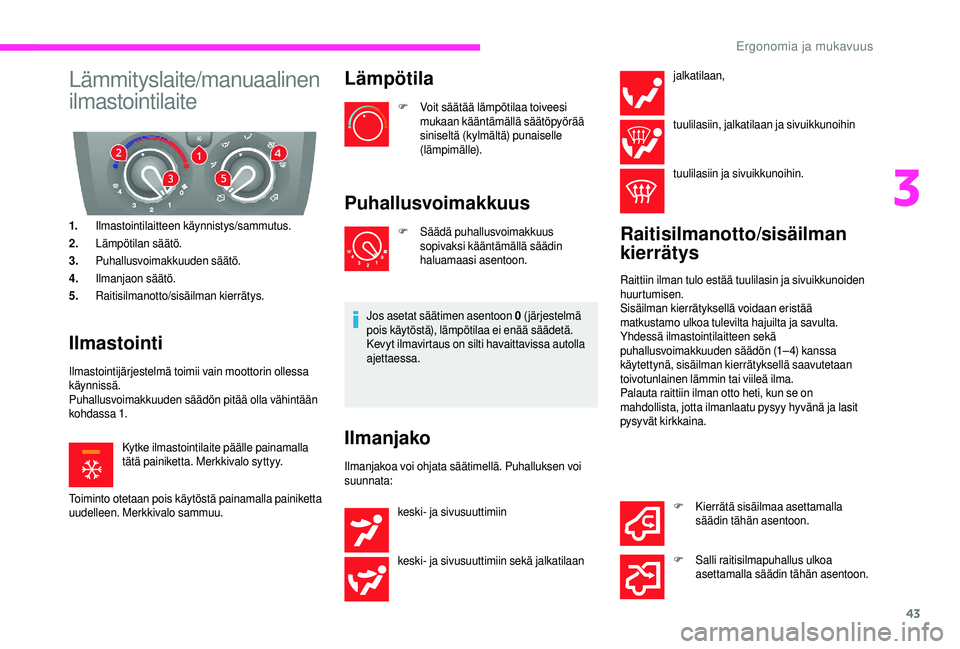 CITROEN JUMPER 2019  Omistajan Käsikirjat (in Finnish) 43
Lämmityslaite/manuaalinen 
ilmastointilaite
1.Ilmastointilaitteen käynnistys/sammutus.
2. Lämpötilan säätö.
3. Puhallusvoimakkuuden säätö.
4. Ilmanjaon säätö.
5. Raitisilmanotto/sisäi