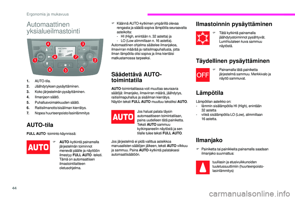 CITROEN JUMPER 2019  Omistajan Käsikirjat (in Finnish) 44
Automaattinen 
yksialueilmastointi
1.AUTO -tila.
2. Jäähdytyksen pysäyttäminen.
3. Koko järjestelmän pysäyttäminen.
4. Ilmanjaon säätö.
5. Puhallusvoimakkuuden säätö.
6. Raitisilmanot