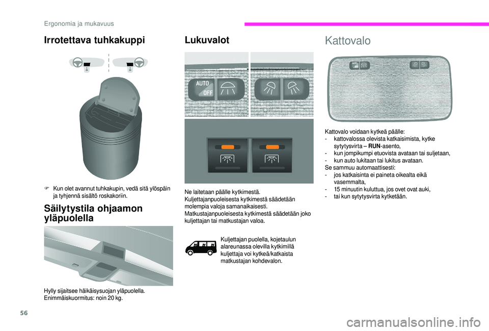 CITROEN JUMPER 2019 Omistajan Käsikirjat (in Finnish) 56
Irrotettava tuhkakuppi
F Kun olet avannut tuhkakupin, vedä sitä ylöspäin ja tyhjennä sisältö roskakoriin.
Säilytystila ohjaamon
yläpuolella
Hylly sijaitsee häikäisysuojan yläpuolella.
CITROEN JUMPER 2019 Omistajan Käsikirjat (in Finnish) 56
Irrotettava tuhkakuppi
F Kun olet avannut tuhkakupin, vedä sitä ylöspäin ja tyhjennä sisältö roskakoriin.
Säilytystila ohjaamon
yläpuolella
Hylly sijaitsee häikäisysuojan yläpuolella.
