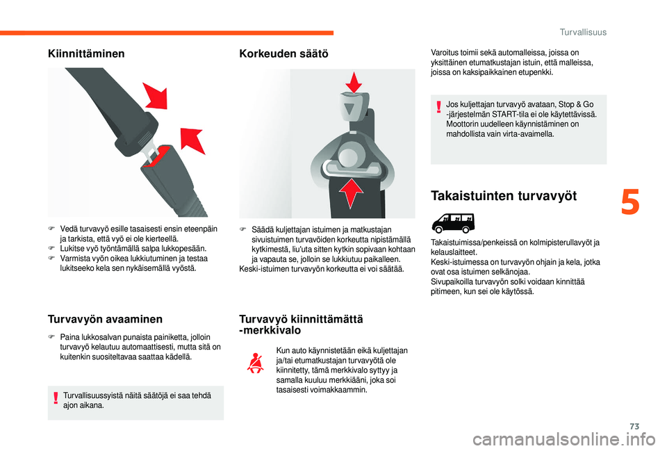 CITROEN JUMPER 2019 Omistajan Käsikirjat (in Finnish) 73
Kiinnittäminen
Turvavyön avaaminen
F Paina lukkosalvan punaista painiketta, jolloin tur vavyö kelautuu automaattisesti, mutta sitä on
kuitenkin suositeltavaa saattaa kädellä.
Tur vallisuuss CITROEN JUMPER 2019 Omistajan Käsikirjat (in Finnish) 73
Kiinnittäminen
Turvavyön avaaminen
F Paina lukkosalvan punaista painiketta, jolloin tur vavyö kelautuu automaattisesti, mutta sitä on
kuitenkin suositeltavaa saattaa kädellä.
Tur vallisuuss