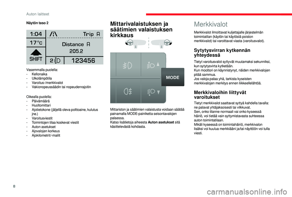 CITROEN JUMPER 2019  Omistajan Käsikirjat (in Finnish) 8
Vasemmalla puolella:
- Kellonaika
-
 

Ulkolämpötila
-
 

Varoitus-/merkkivalot
-
 V

akionopeussäädin tai nopeudenrajoitin
Oikealla puolella:
-
 

Päivämäärä
-
 

Huoltomittari
-
 A

jotie