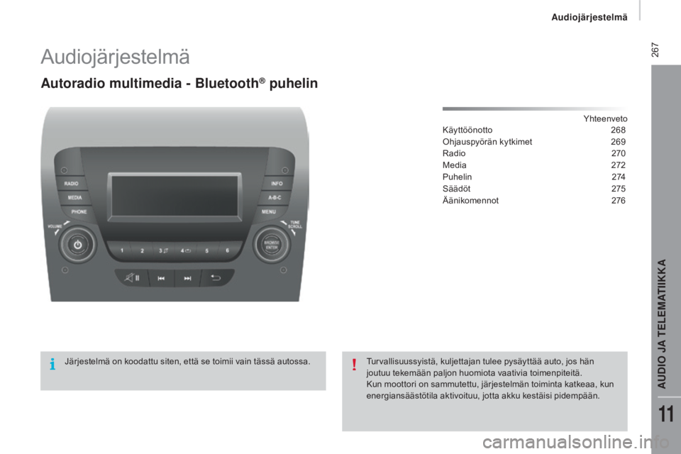 CITROEN JUMPER 2017  Omistajan Käsikirjat (in Finnish)  267
Jumper_fi_Chap11b_Autoradio-Fiat-4_ed01-2016
Audiojärjestelmä
Autoradio multimedia - Bluetooth® puhelin
Yhteenveto
Käyttöönotto 2 68
Ohjauspyörän kytkimet
 2

69
Radio
 2

70
Media
 
2
 7