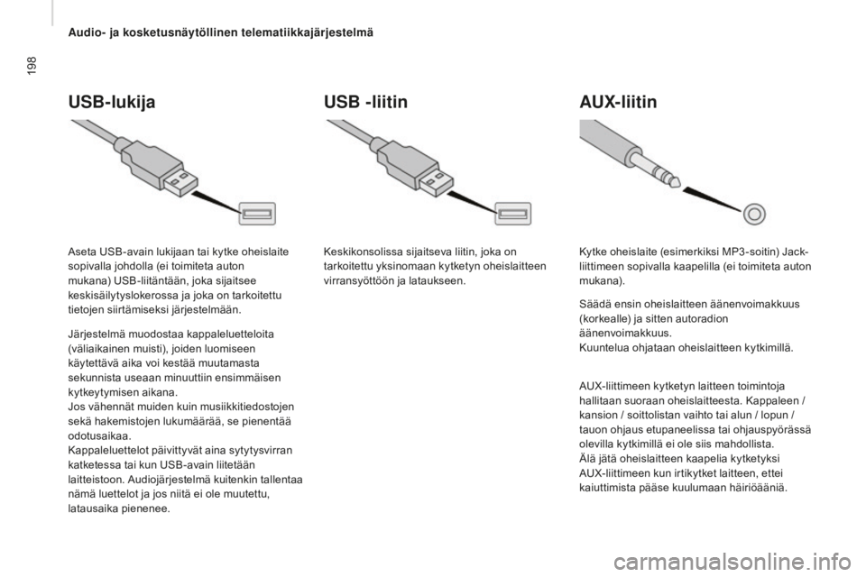CITROEN JUMPER 2016 Omistajan Käsikirjat (in Finnish) 198
jumper_fi_Chap10a_Autoradio-Fiat-tactile-1_ed01-2015
UsB-lukija
Järjestelmä muodostaa kappaleluetteloita
(väliaikainen muisti), joiden luomiseen
käytettävä aika voi kestää muutamasta
se CITROEN JUMPER 2016 Omistajan Käsikirjat (in Finnish) 198
jumper_fi_Chap10a_Autoradio-Fiat-tactile-1_ed01-2015
UsB-lukija
Järjestelmä muodostaa kappaleluetteloita
(väliaikainen muisti), joiden luomiseen
käytettävä aika voi kestää muutamasta
se