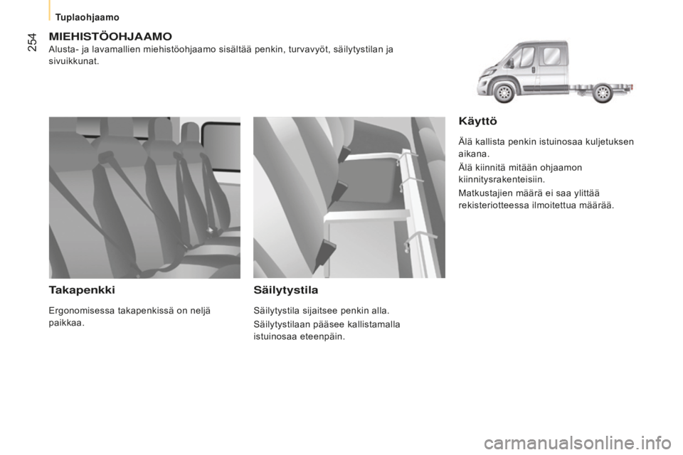 CITROEN JUMPER 2016  Omistajan Käsikirjat (in Finnish)  254
jumper_fi_Chap11_Particularites_ed01-2015
MiEHistöOHJAAMO
Alusta- ja lavamallien miehistöohjaamo sisältää penkin, turvavyöt, säilytystilan ja 
sivuikkunat.
takapenkki
Ergonomisessa takapen