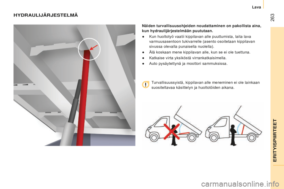 CITROEN JUMPER 2016 Omistajan Käsikirjat (in Finnish) 263
jumper_fi_Chap11_Particularites_ed01-2015
HyDRAUliJÄRJEstElMÄ
Näiden turvallisuusohjeiden noudattaminen on pakollista aina,
kun hydraulijärjestelmään puututaan.
●
Kun huoltotyö vaatii CITROEN JUMPER 2016 Omistajan Käsikirjat (in Finnish) 263
jumper_fi_Chap11_Particularites_ed01-2015
HyDRAUliJÄRJEstElMÄ
Näiden turvallisuusohjeiden noudattaminen on pakollista aina,
kun hydraulijärjestelmään puututaan.
●
Kun huoltotyö vaatii