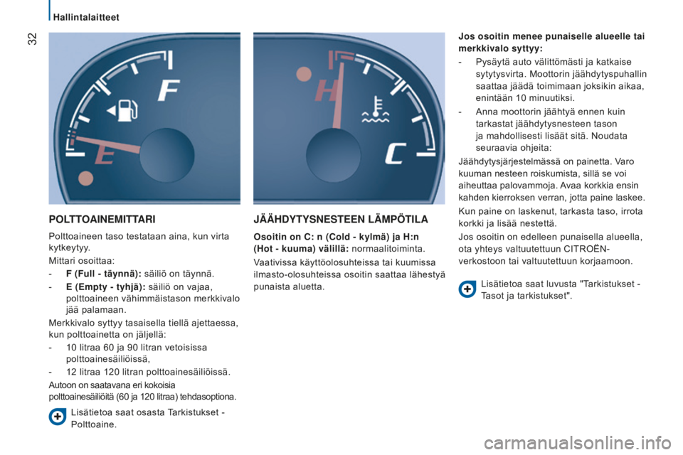 CITROEN JUMPER 2016 Omistajan Käsikirjat (in Finnish) 32
jumper_fi_Chap02_Pret-a-Partir_ed01-2015
POlttOAi NEM ittAR i
Polttoaineen taso testataan aina, kun virta
kytkeytyy.
Mittari osoittaa:
-
F (Full - täynnä):
säiliö on täynnä.
-
E (Empt CITROEN JUMPER 2016 Omistajan Käsikirjat (in Finnish) 32
jumper_fi_Chap02_Pret-a-Partir_ed01-2015
POlttOAi NEM ittAR i
Polttoaineen taso testataan aina, kun virta
kytkeytyy.
Mittari osoittaa:
-
F (Full - täynnä):
säiliö on täynnä.
-
E (Empt