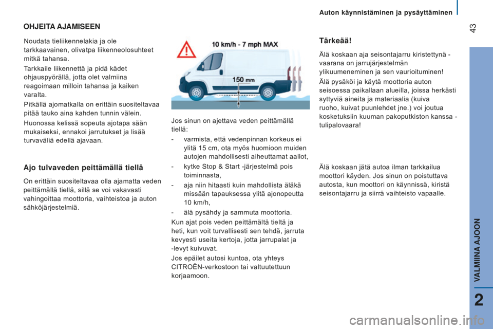 CITROEN JUMPER 2016 Omistajan Käsikirjat (in Finnish) 43
jumper_fi_Chap02_Pret-a-Partir_ed01-2015
OHJEitA AJAM is EEN
Noudata tieliikennelakia ja ole
tarkkaavainen, olivatpa liikenneolosuhteet
mitkä tahansa.
Tarkkaile liikennettä ja pidä kädet
oh CITROEN JUMPER 2016 Omistajan Käsikirjat (in Finnish) 43
jumper_fi_Chap02_Pret-a-Partir_ed01-2015
OHJEitA AJAM is EEN
Noudata tieliikennelakia ja ole
tarkkaavainen, olivatpa liikenneolosuhteet
mitkä tahansa.
Tarkkaile liikennettä ja pidä kädet
oh