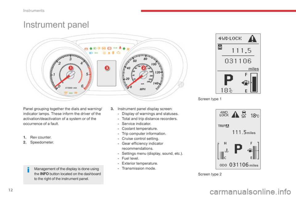 Citroen C4 AIRCROSS RHD 2017 1.G Owners Manual 12
Instrument panel
1. Rev counter.
2. Speedometer.
Screen type 2
3.
 I

nstrument panel display screen:
-  
D
 isplay of warnings and statuses.
-  
T
 otal and trip distance recorders.
-  
S
 ervice 