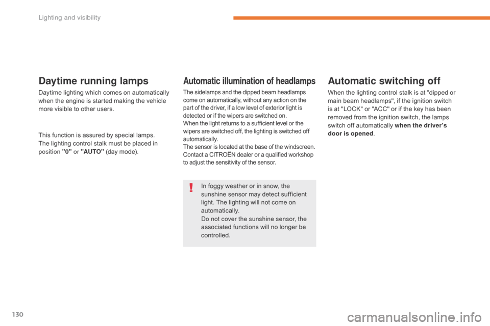 Citroen C4 AIRCROSS RHD 2017 1.G Owners Manual 130
In foggy weather or in snow, the 
sunshine sensor may detect sufficient 
light. The lighting will not come on 
automatically.
Do not cover the sunshine sensor, the 
associated functions will no lo