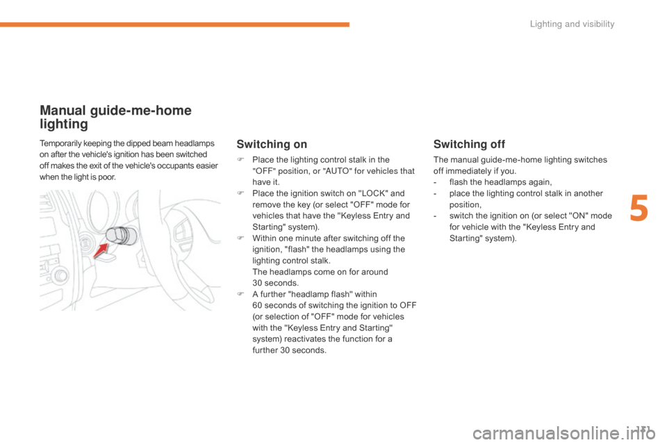 Citroen C4 AIRCROSS RHD 2017 1.G User Guide 131
Switching off
The manual guide-me-home lighting switches 
off immediately if you.
- 
f
 lash the headlamps again,
-
 
p
 lace the lighting control stalk in another 
position,
-
 
s
 witch the igni