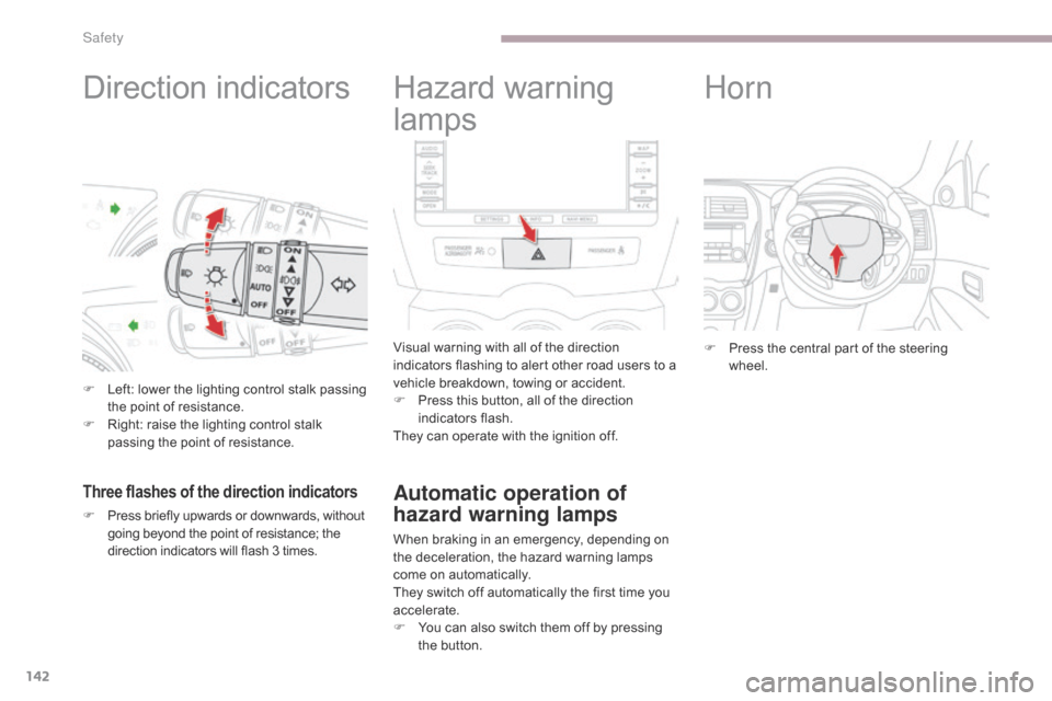 Citroen C4 AIRCROSS RHD 2017 1.G Owners Guide 142
Direction indicators
F Left: lower the lighting control stalk passing the point of resistance.
F
 
R
 ight: raise the lighting control stalk 
passing the point of resistance.
Three flashes of the 