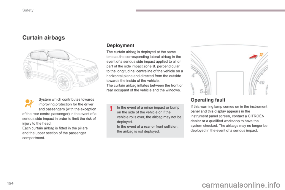 Citroen C4 AIRCROSS RHD 2017 1.G Owners Manual 154
In the event of a minor impact or bump 
on the side of the vehicle or if the 
vehicle rolls over, the airbag may not be 
deployed.
In the event of a rear or front collision, 
the airbag is not dep