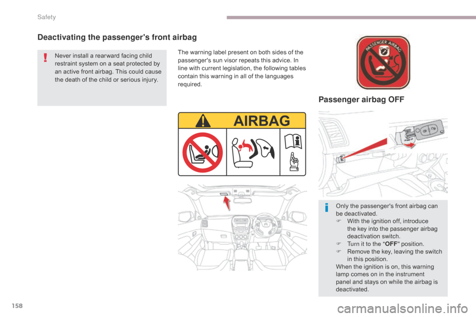 Citroen C4 AIRCROSS RHD 2017 1.G Owners Manual 158
Deactivating the passengers front airbagPassenger airbag OFF
The warning label present on both sides of the 
passengers sun visor repeats this advice. In 
line with current legislation, the foll