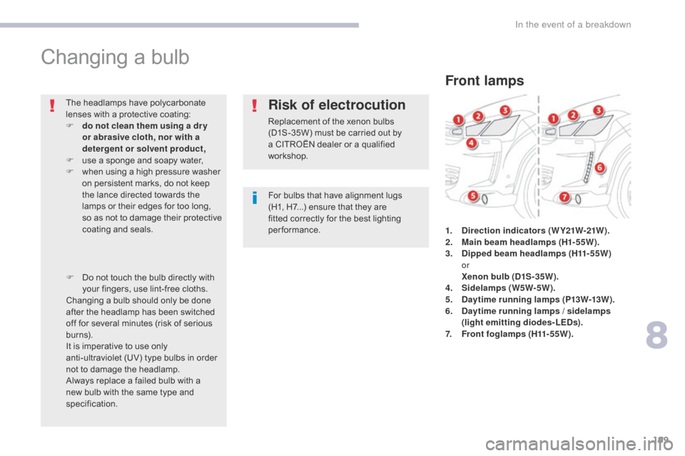 Citroen C4 AIRCROSS RHD 2017 1.G Owners Manual 199
Changing a bulb
For bulbs that have alignment lugs 
(H1, H7...) ensure that they are 
fitted correctly for the best lighting 
performance.
The headlamps have polycarbonate 
lenses with a protectiv