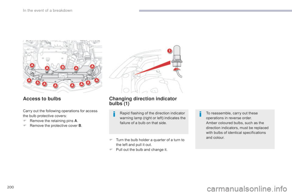 Citroen C4 AIRCROSS RHD 2017 1.G Owners Manual 200
Carry out the following operations for access 
the bulb protective covers:
F 
R
 emove the retaining pins A .
F
 
R
 emove the protective cover B .
Access to bulbs Changing direction indicator 
b 