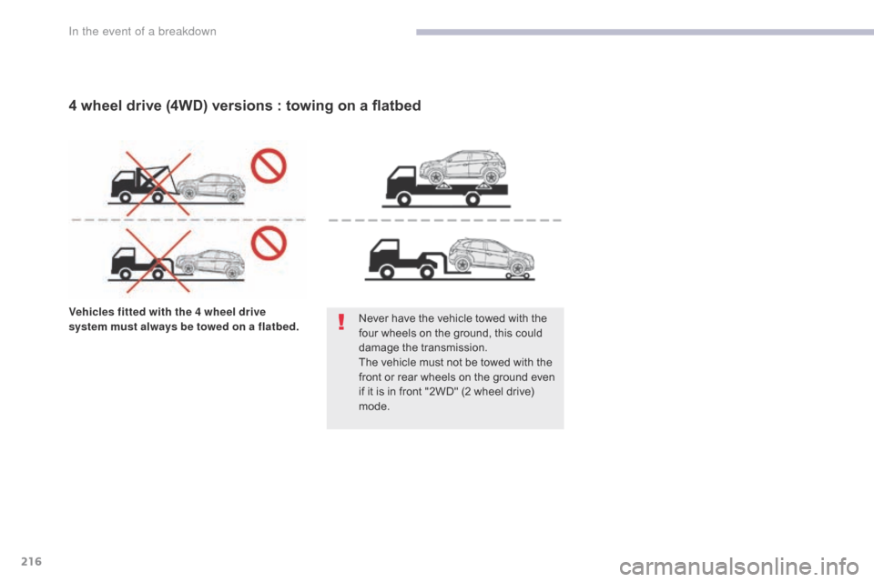 Citroen C4 AIRCROSS RHD 2017 1.G Owners Manual 216
Vehicles fitted with the 4 wheel drive 
system must always be towed on a flatbed.Never have the vehicle towed with the 
four wheels on the ground, this could 
damage the transmission.
The vehicle 