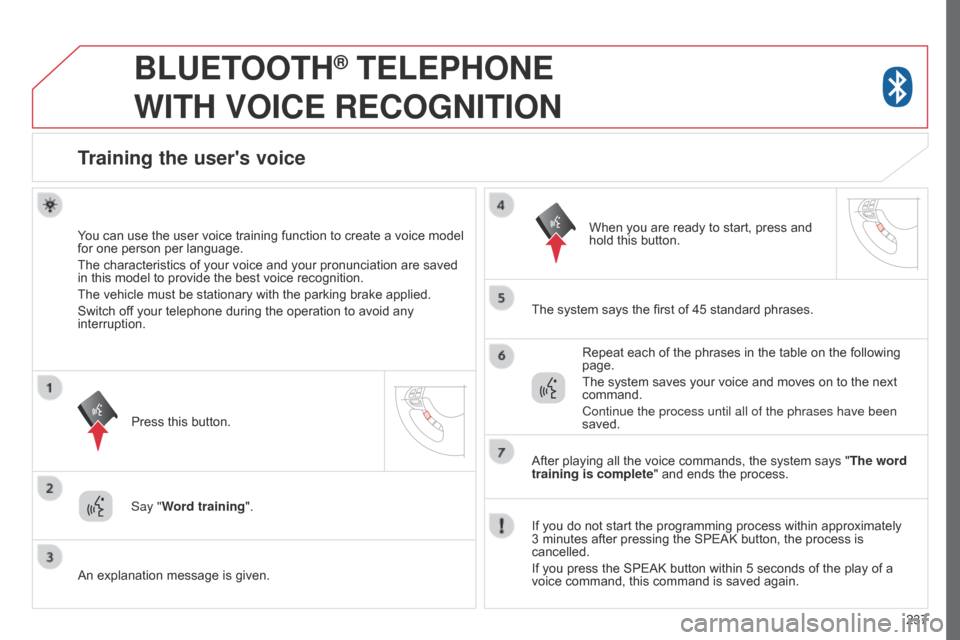 Citroen C4 AIRCROSS RHD 2017 1.G Owners Manual 237
BLUETOOTH® TELEPHONE  
WITH

 
VOICE
 
RECOGNITION
Training the users voice
You can use the user voice training function to create a voice model 
for one person per language.
The characteristics