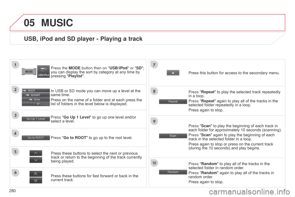 Citroen C4 AIRCROSS RHD 2017 1.G Owners Manual 05
280
USB, iPod and SD player - Playing a track
Press the MODE button then on "USB/iPod" or "SD"; 
you can display the sort by category at any time by 
pressing "Playlist".
In USB or SD mode you can 