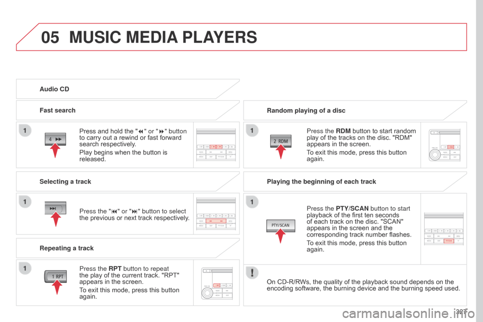 Citroen C4 AIRCROSS RHD 2017 1.G Owners Manual 05
327
MUSIC MEDIA PLAYERS
Random playing of a disc
Press the RDM button to start random 
play of the tracks on the disc. "RDM" 
appears in the screen.
To exit this mode, press this button 
again.
Aud