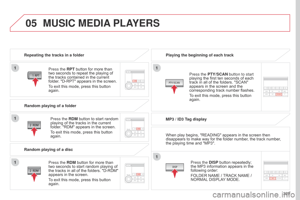 Citroen C4 AIRCROSS RHD 2017 1.G Owners Manual 05
329
MUSIC MEDIA PLAYERS
Repeating the tracks in a folder
Press the RPT button for more than 
two seconds to repeat the playing of 
the tracks contained in the current 
folder. "D-RPT" appears in th