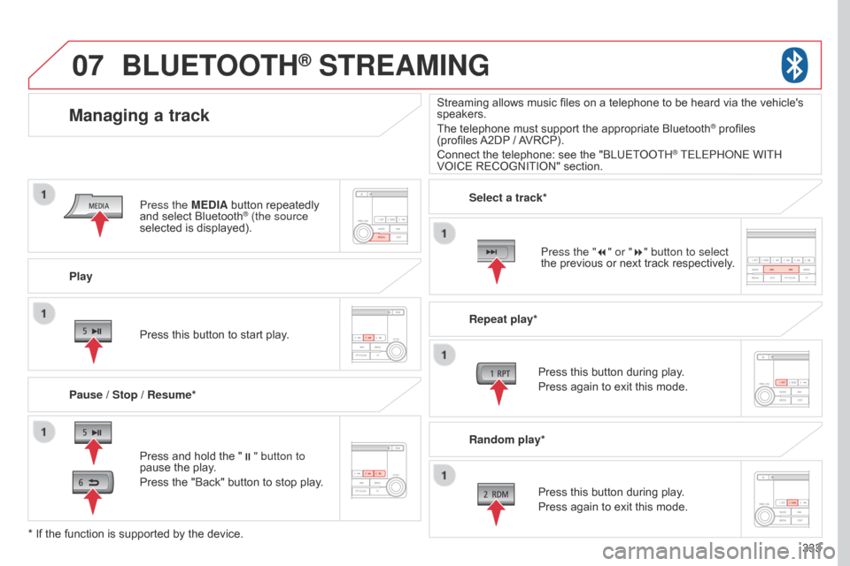 Citroen C4 AIRCROSS RHD 2017 1.G User Guide 07
333
Play
Managing a track
Pause / Stop / Resume*
BLUETOOTH® STREAMING
Press and hold the "
;" button to
pause the play.
Press the "Back" button to stop play. Press this button to start play. Sele Citroen C4 AIRCROSS RHD 2017 1.G User Guide 07
333
Play
Managing a track
Pause / Stop / Resume*
BLUETOOTH® STREAMING
Press and hold the "
;" button to
pause the play.
Press the "Back" button to stop play. Press this button to start play. Sele