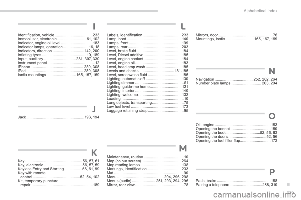 Citroen C4 AIRCROSS RHD 2017 1.G Owners Manual 339
Identification, vehicle ....................................23 3
Immobiliser, electronic ............................ 6 1, 102
Indicator, engine oil level
 
..............................18

3
Ind